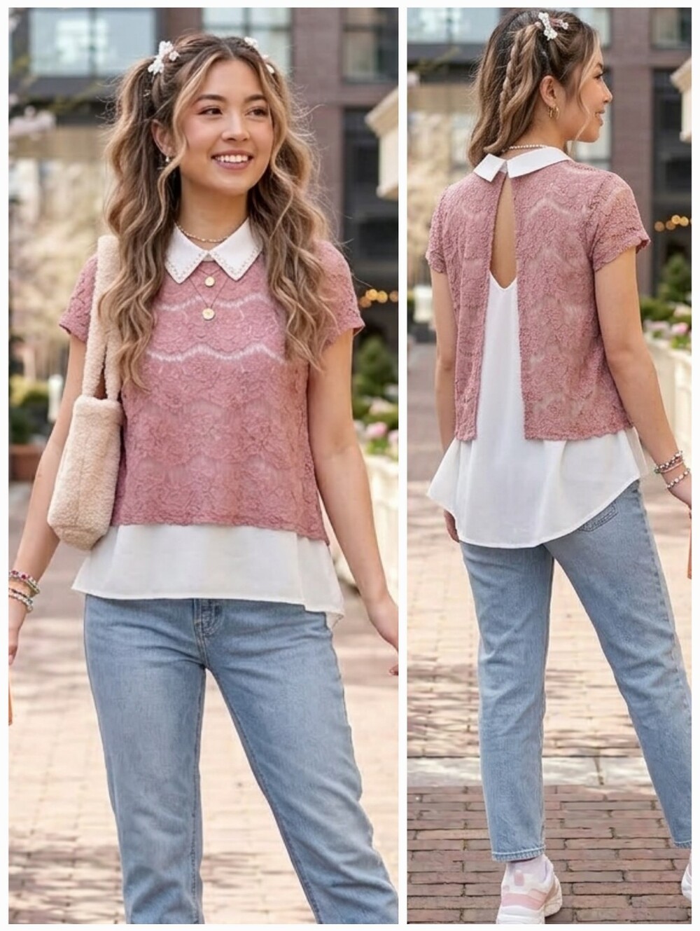 NWT Monteau Pink Lace Pop Collar Blouse Size S Feminine Dainty Preppy Soft Girl